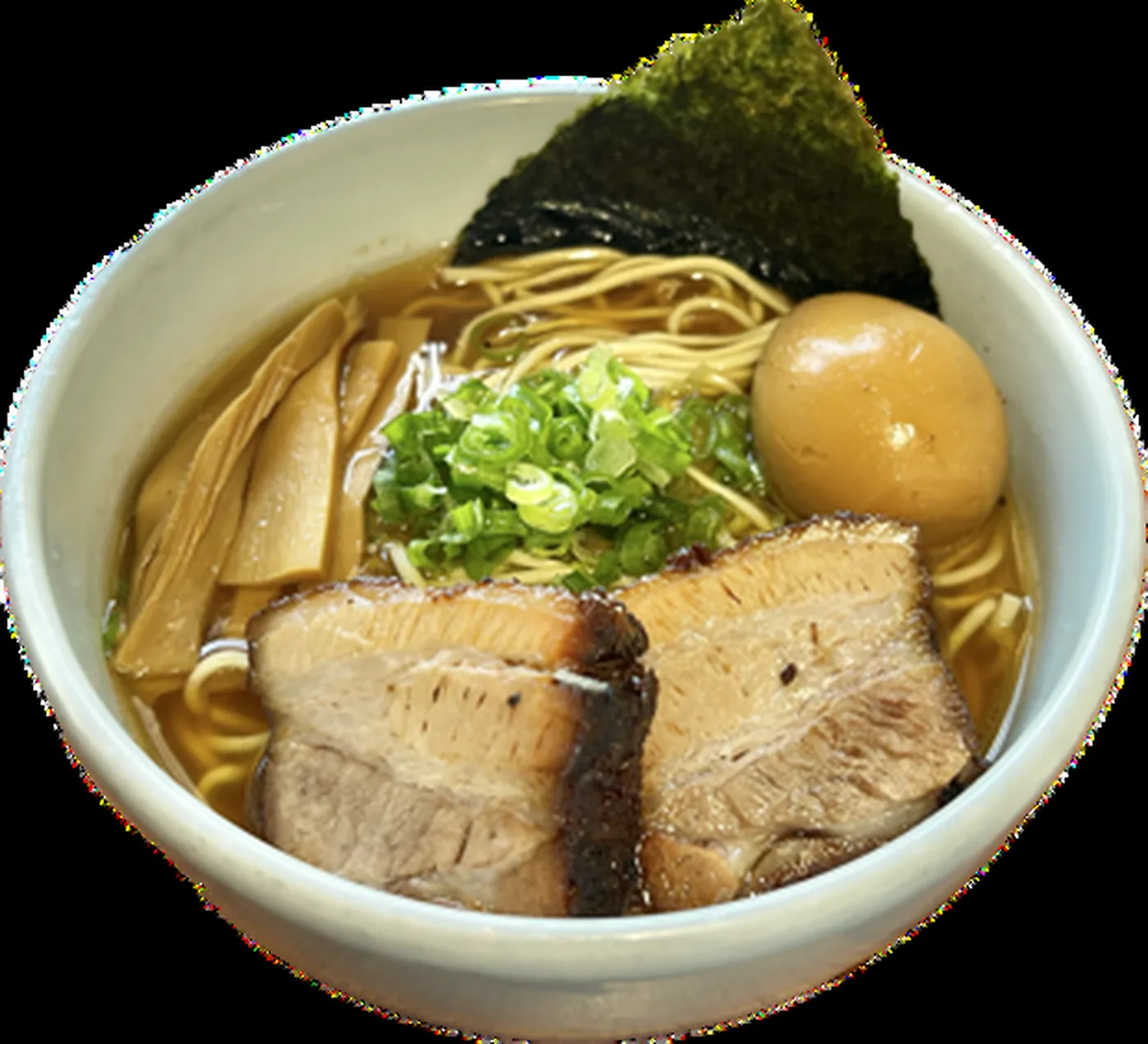 A bowl of Menya Ramen with chashu, ajitama, nori, negi and menma at Menya Le Nood in Honolulu